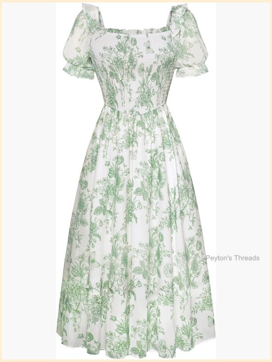 Dresses & Skirts - Women's Floral Puff Sleeve Square Neck A-Line Midi Dress Smocked Cottagecore